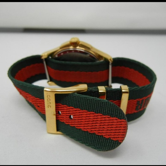 Gucci Watch, Bee, Yellow Plated Stainless Steel Round Green & Red Fly Nylon Dial - Picture 3 of 4
